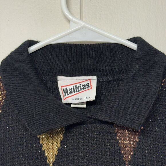 Vtg Mathias Metallic Collared Diamond Argyle Pattern Sweater USA Made Women M - Picture 4 of 11